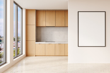 Obraz premium Framed Poster Mockup in Modern Kitchen Interior with City View and Wooden Cabinets