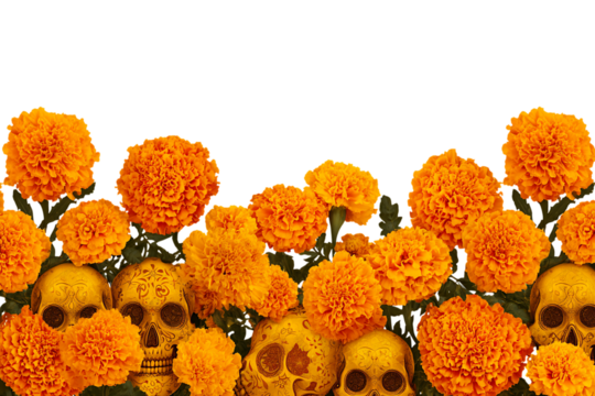 Vibrant marigolds and skulls, Día de Muertos