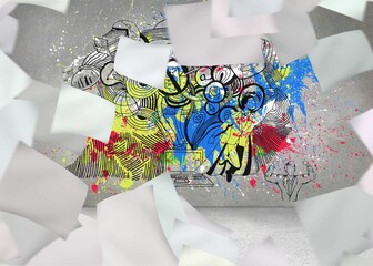 Papers over grey wall with illustrations and splashes