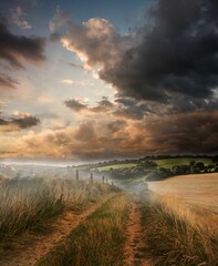 Flat design scene is showing winding dirt track leading into rolling green hills under dramatic sky