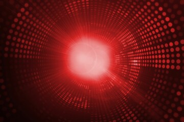 Flat design is showing glowing red tunnel vortex with concentric dot rings and radiant light beams
