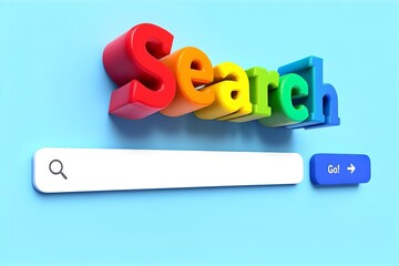 Search Engine Bar with Colorful 3D "Search" Text, Magnifying Glass Icon, and Blue "Go" Button - Online Information Retrieval Concept