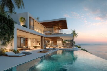Fototapeta premium Luxurious beachfront villa at sunset
