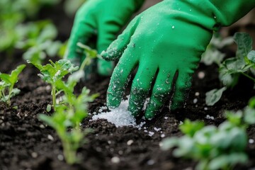 Hands in green gloves applying fertilizer to young plants in a garden bed