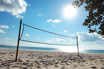 Beach Volleyball Net on Sandy Shoreline: Sunny Summer Day, Ocean View, Blue Sky, Vacation Vibes, Outdoor Recreation, Coastal Landscape