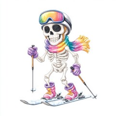 A cartoon skeleton wearing a colorful scarf, ski helmet, and goggles is skiing on a clean white background.