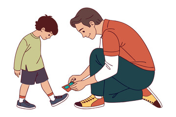 Father and Son Bonding Moment: A heartwarming illustration capturing a tender moment between a father and son. The father kneels, attending to his son's shoes, embodying love, care.