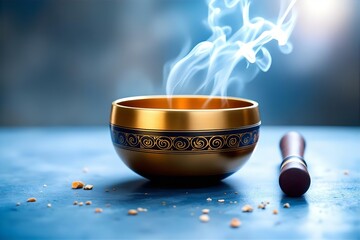 Golden Singing Bowl with Smoke & Mallet: Meditation, Relaxation, Mindfulness, Spiritual Healing, Zen, Still Life Photography