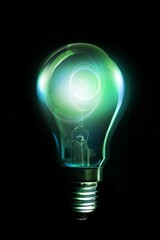Incandescent light bulb is glowing green with visible filament against black backdrop in 3D render