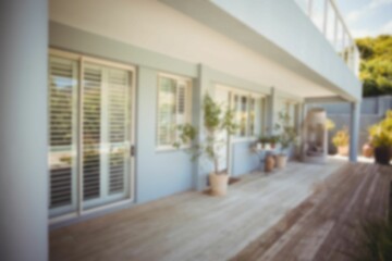 Flat design is depicting wide wooden deck with railing and sliding glass doors and potted plants