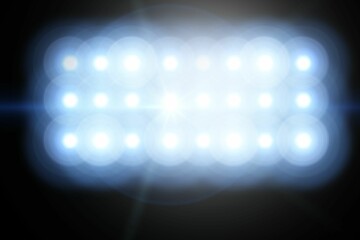 Rectangular LED panel is emitting intense glare and lens flare against dark backdrop, 3D render
