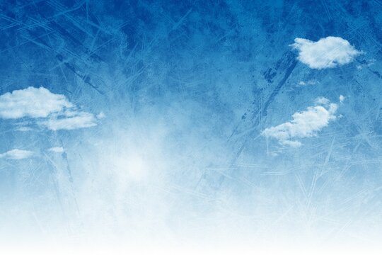 Fototapeta Textured blue sky is showing fluffy white clouds in flat design, grunge texture overlay