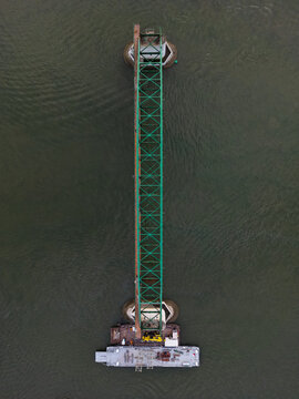 Drone View of Partially Deconstructed River Bridge