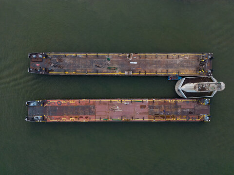 Top-Down Drone View of Industrial Barges 