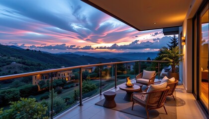 Fototapeta premium Serene Sunset View from Modern Balcony with Cozy Seating Area
