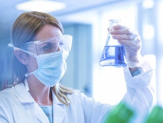 Female scientist looking at reaction happening in flask