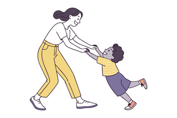Playful Mother-Child Bonding: A heart-warming illustration of a mother and child sharing a joyful moment, playfully twirling around each other, captured in a minimalistic style.