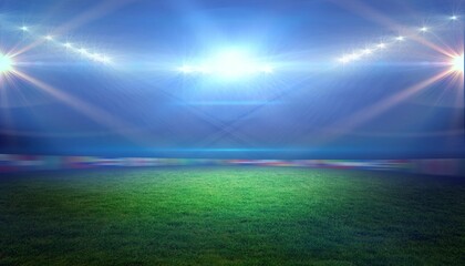 Green grass turf is glowing under stadium floodlights with silhouetted seating tiers in flat design