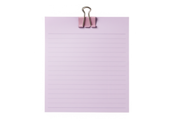 A pink lined note paper is held by a pink binder clip, isolated on transparent background