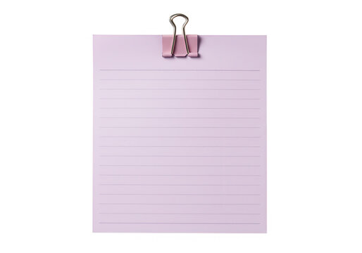 A pink lined note paper is held by a pink binder clip, isolated on transparent background