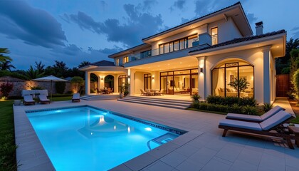 Modern Luxury Villa with Pool and Garden at Dusk