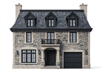 Stone house facade, classic design, isolated, modern roof
