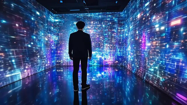 Person standing in a vibrant, immersive digital art installation with colorful light projections