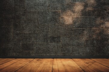 Textured stone brick wall and wooden floor are creating empty studio backdrop in 3D render