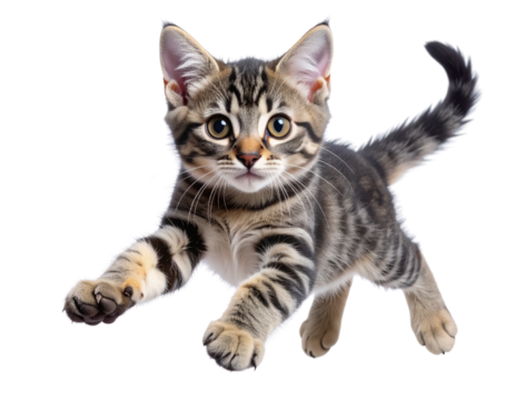 Realistic Tabby Kitten Pouncing Forward with Front Paws Extended,