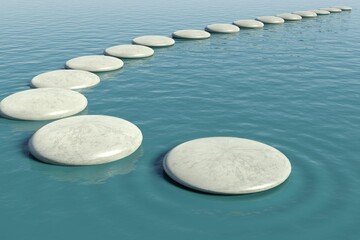 Chain of floating circular stone platforms is curving across calm blue water in flat design
