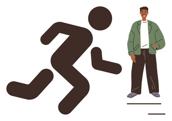 Stylized black running figure beside a smiling person in casual attire. Ideal for concepts thumbs up motion, individuality, fitness, leisure, lifestyle, self-expression, modern design. A simple flat