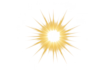 A bright yellow sunburst with glowing rays is isolated on transparent background