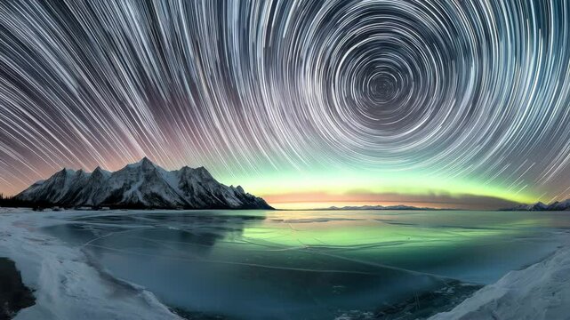 凍湖に映る北極星軌跡
