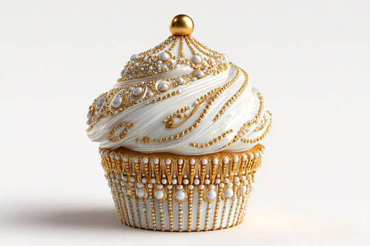 A photorealistic cupcake with haute couture bead patterns