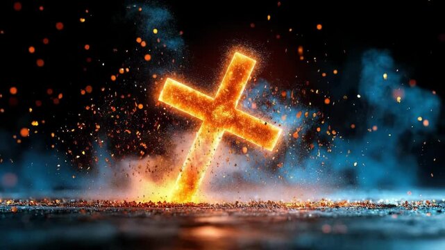 Glowing cross fire sparks smoke dramatic night religion Christianity hope energy vibrant spiritual illuminated faith abstract powerful mystical inspiration burning orange blue contrast artistic