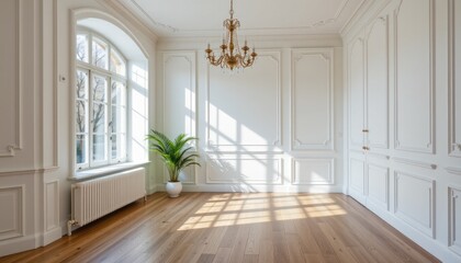 Fototapeta premium Bright and Elegant Interior of a Luxurious Empty Room with Plants