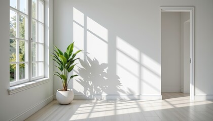 Fototapeta premium Bright and Airy Interior with Houseplant and Sunlight Shadow Play