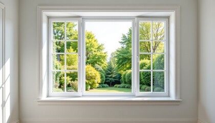 Fototapeta premium Bright and Peaceful View Through a Large Window into a Garden