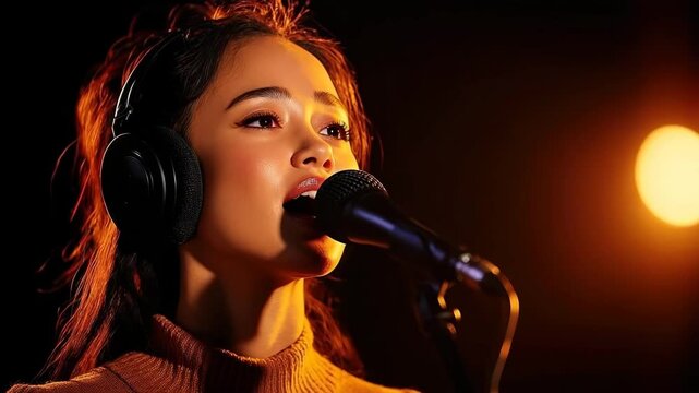 Young woman singer wearing headphones performing passionately into microphone under warm stage lighting, emotional music studio performance, singing on stage, young artist enjoying music