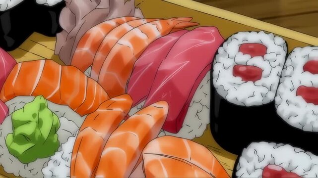 Sushi and sashimi in anime style