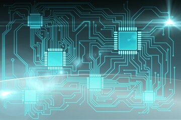 Flat design showing glowing turquoise microchips networking circuits, spanning planetary horizon
