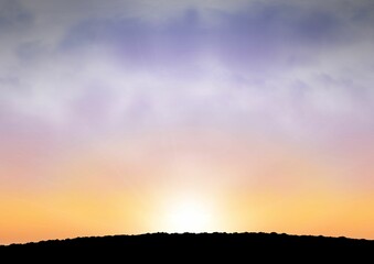 Flat design is capturing rising sun glowing behind rocky ridge silhouette against gradient sky