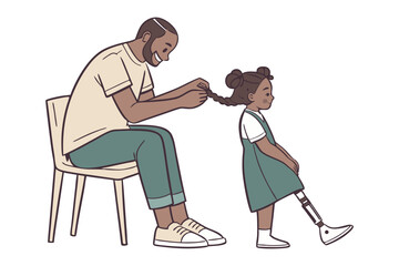 Fatherly Braiding: A tender moment unfolds as a loving father meticulously braids his daughter's hair, showcasing the bond of care and devotion.