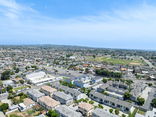 Day time aerial view of the Uptown area of Whittier with house and street, California, USA