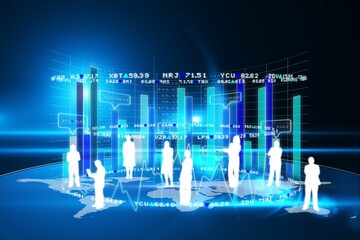 Business silhouettes are gathering in flat analytics hub on world map, with holographic charts