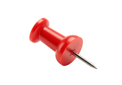 A single red thumbtack with a metal needle is isolated on a transparent white background