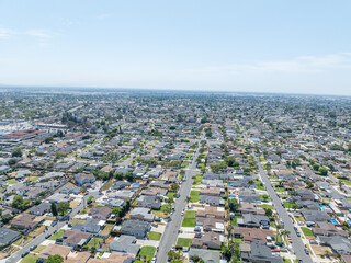 Day time aerial view of the Uptown area of Whittier with house and street, California, USA