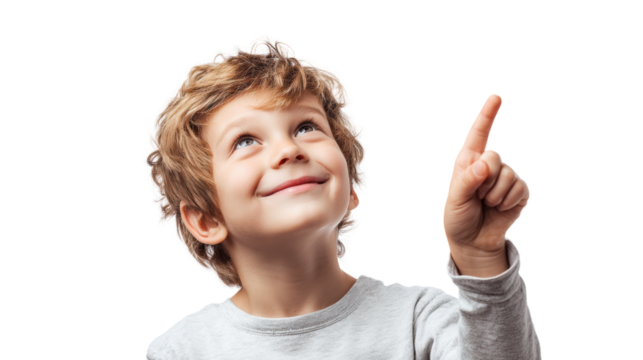 Cheerful boy pointing upward with a smile, showcasing curiosity and excitement against a white isolate background. - Powered by Adobe