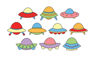 Collection of colorful UFOs in a cartoon style with outline
