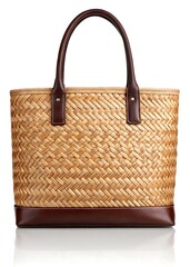 Woven straw tote bag brown leather accents summer style